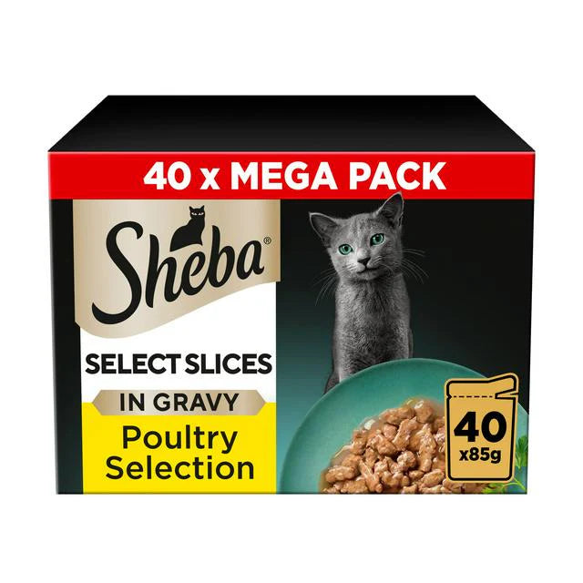 SHEBA Select Slices Poultry – 40 Pouches | Tender, Gravy & Mega Pack