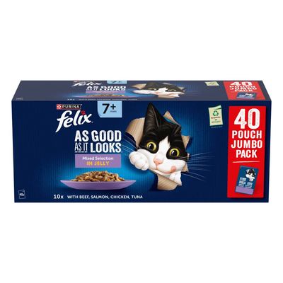 FELIX Senior 7+ Wet Cat Food – 40 Pouches | Tasty, Jelly & Nutritious