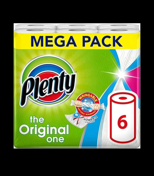 PLENTY Kitchen Towel – 6 Rolls | Strong, Absorbent & 600 Sheets