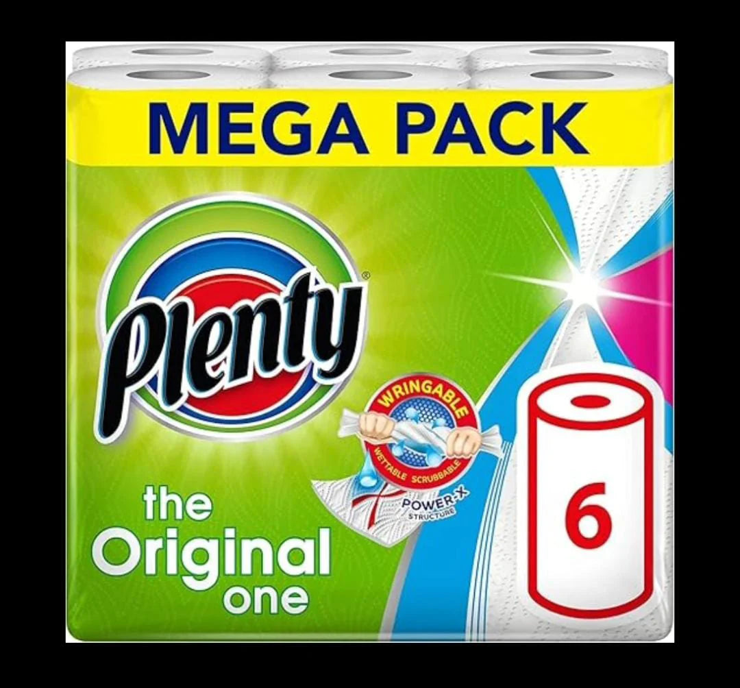 PLENTY Kitchen Towel – 6 Rolls | Strong, Absorbent & 600 Sheets