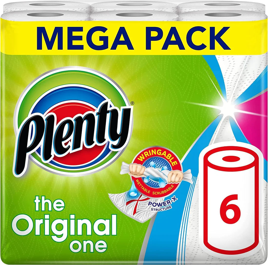 PLENTY Kitchen Towel – 6 Rolls | Strong, Absorbent & 600 Sheets