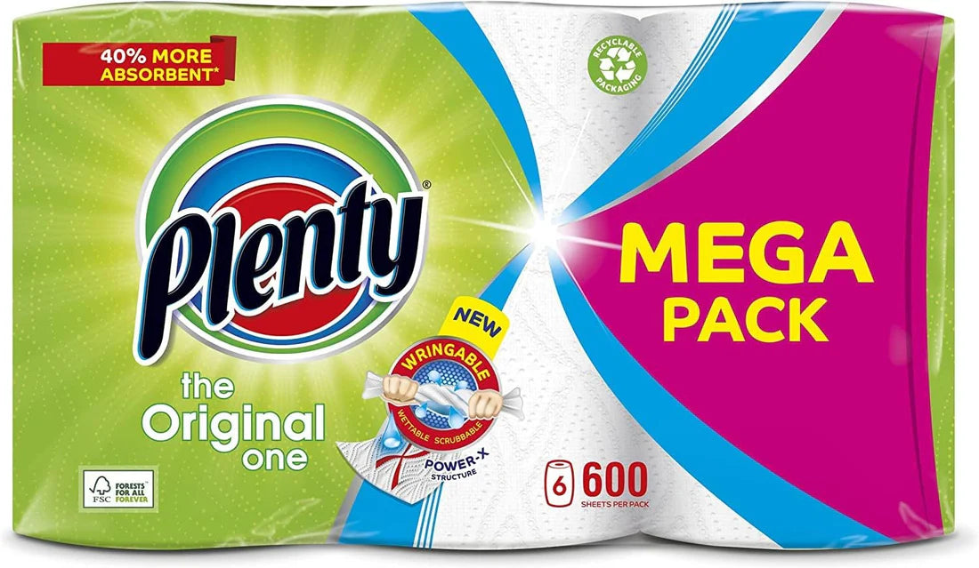 PLENTY Kitchen Towel – 6 Rolls | Strong, Absorbent & 600 Sheets