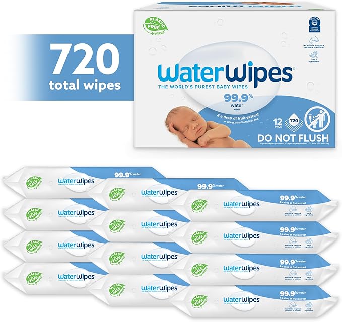 WaterWipes, 720 Count – 99.9% water, plastic-free, unscented, for sensitive skin.