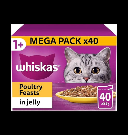 WHISKAS 1+ Poultry Cat Food – 40 Pouches | Tasty, Jelly & Mega Pack