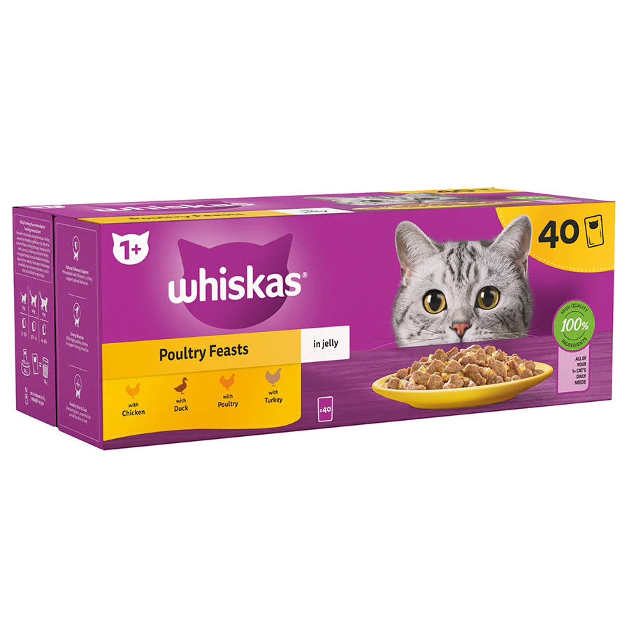 WHISKAS 1+ Poultry Cat Food – 40 Pouches | Tasty, Jelly & Mega Pack