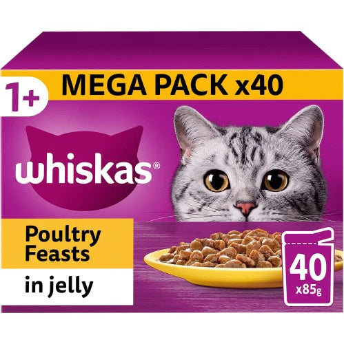 WHISKAS 1+ Poultry Cat Food – 40 Pouches | Tasty, Jelly & Mega Pack