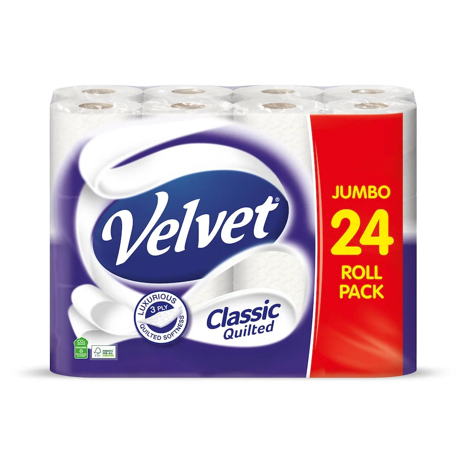 Velvet Classic Quilted Toilet Rolls – 24 Pack | Soft, Strong & 3-Ply